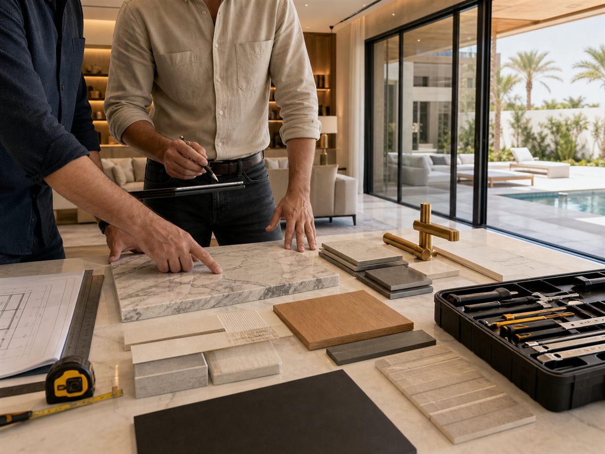 Renovation supervisor checking premium villa finishes and material samples