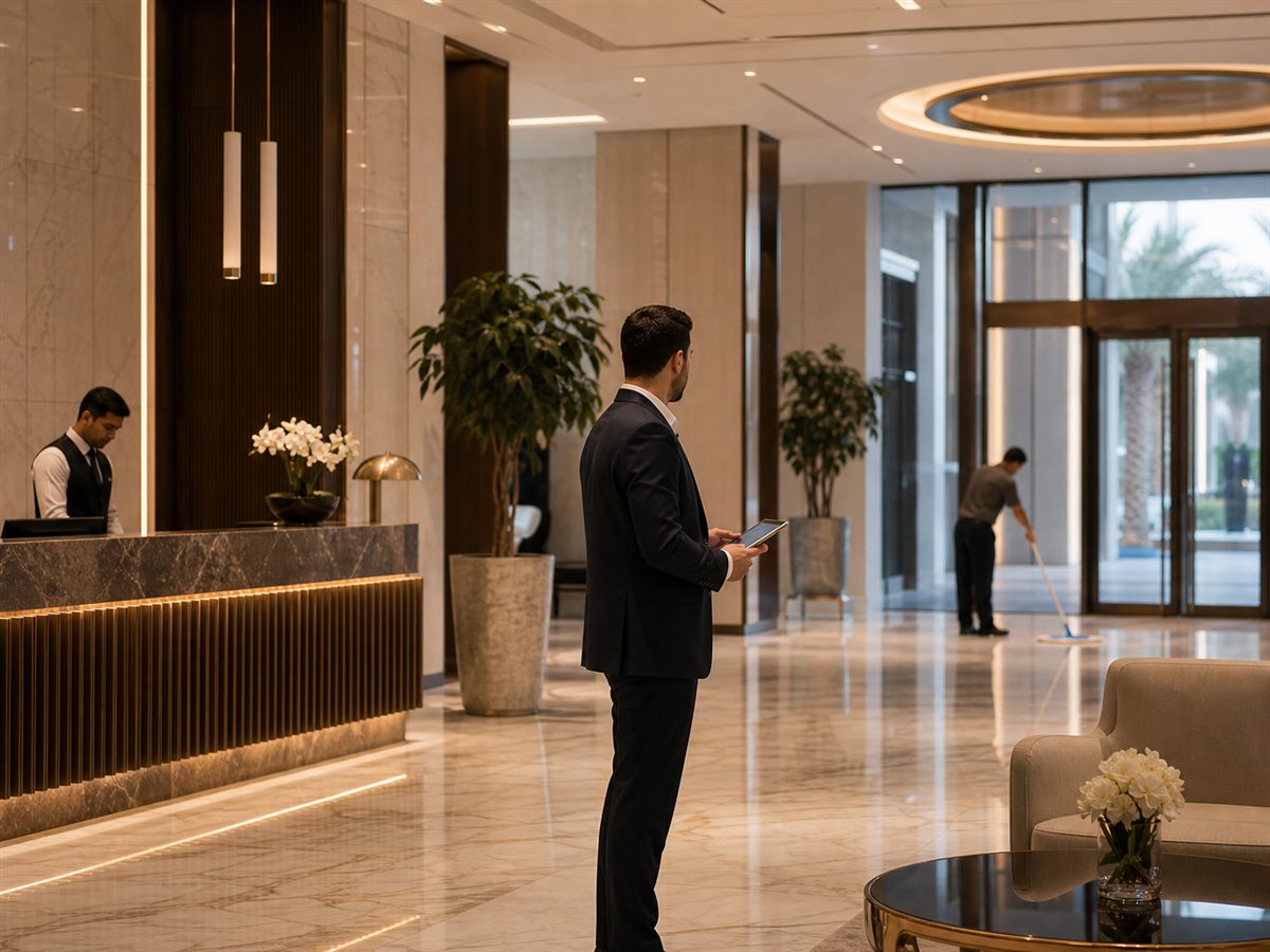 Residential property manager coordinating maintenance in a luxury lobby